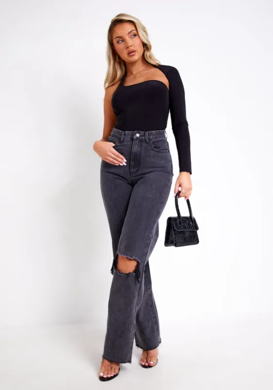 Isla Black One Sleeve Slinky Bodysuit sold by Missy Empire