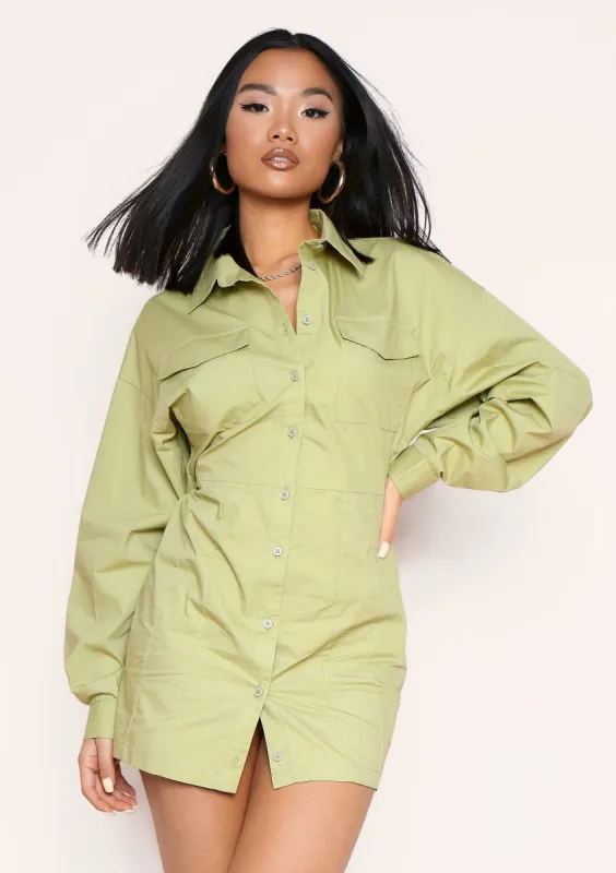Cecilia Sage Green Pocket Front Back Detail Shirt Dress sold by Missy Empire