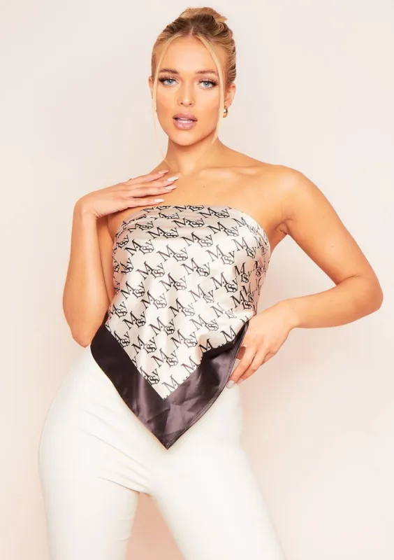 Neisha Beige Missy Repeat Print Satin Bandana Scarf Top sold by Missy Empire