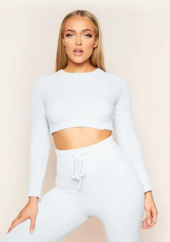 Clarina Pastel Blue Teddy Borg Long Sleeve Crop Top sold by Missy Empire