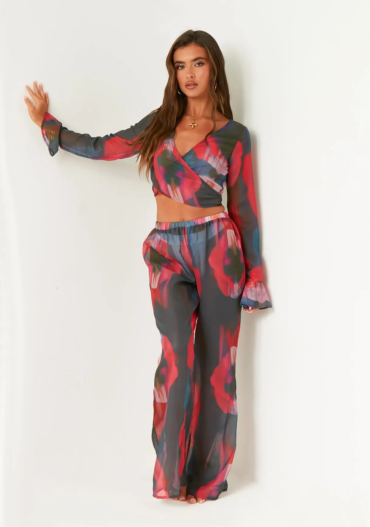 Chloe Black Floral Blurred Sheer Wide Leg Trousers sold by Missy Empire