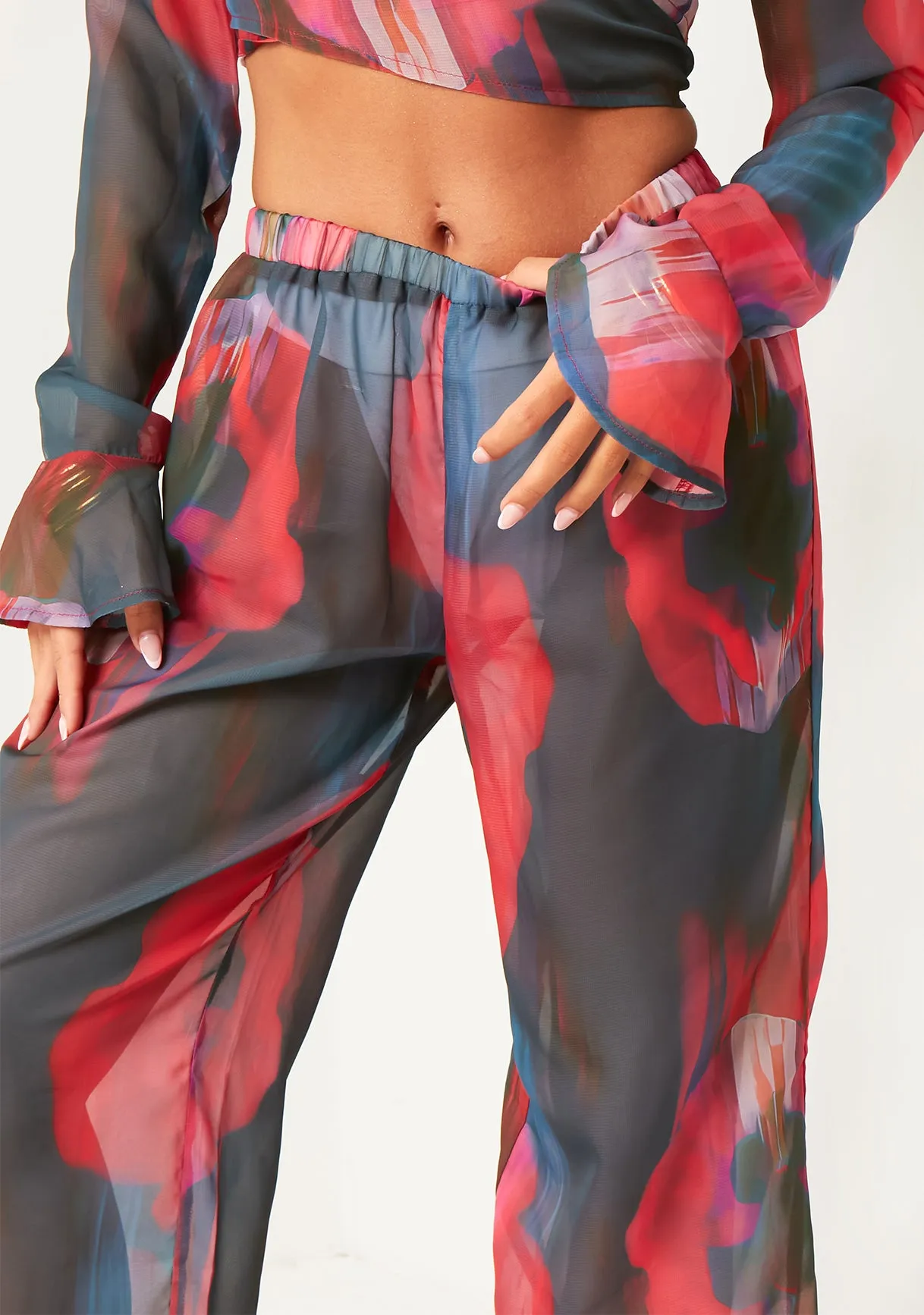 Chloe Black Floral Blurred Sheer Wide Leg Trousers sold by Missy Empire product image thumbnail 4