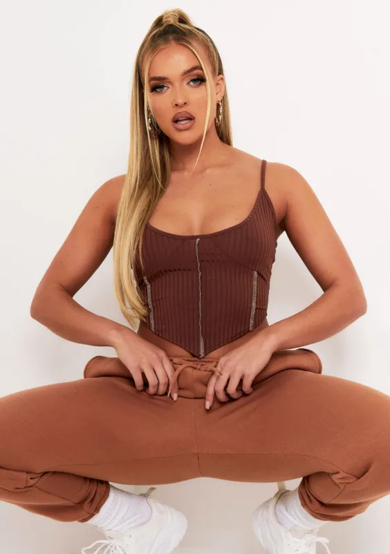 Natalya Chocolate Rib Contrast Stitch Corset Top sold by Missy Empire