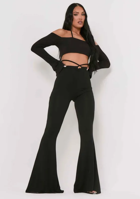 Marie Black Tie Waist Detail Flared Trousers sold by Missy Empire