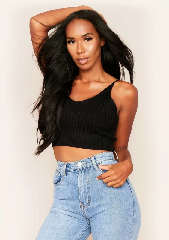Katy Black Knitted Rib Crop Top sold by Missy Empire