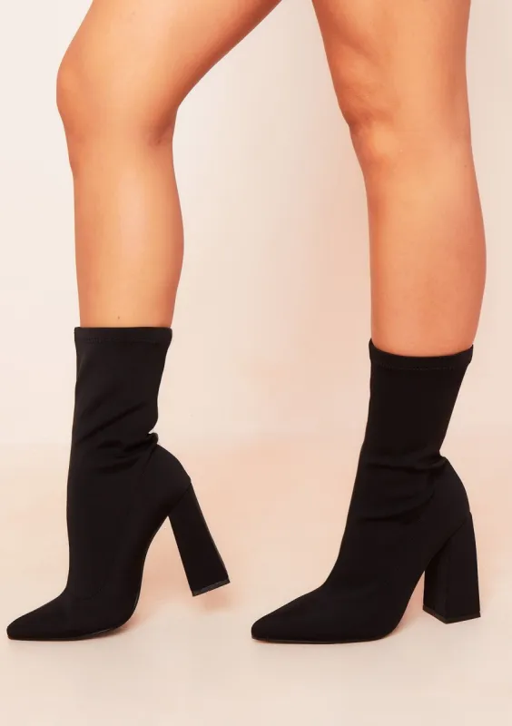 Soren Black Lycra Block Heel Ankle Boots sold by Missy Empire