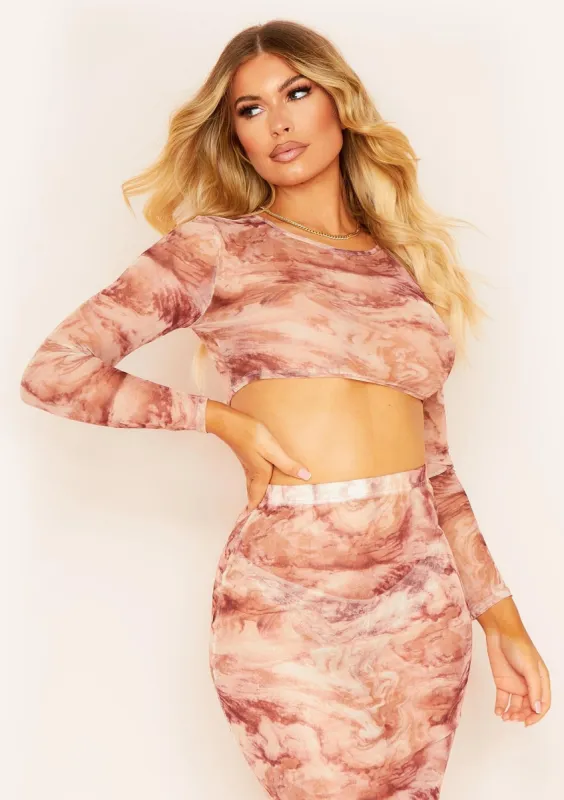 Estafana Brown Marble Print Long Sleeve Mesh Crop Top sold by Missy Empire