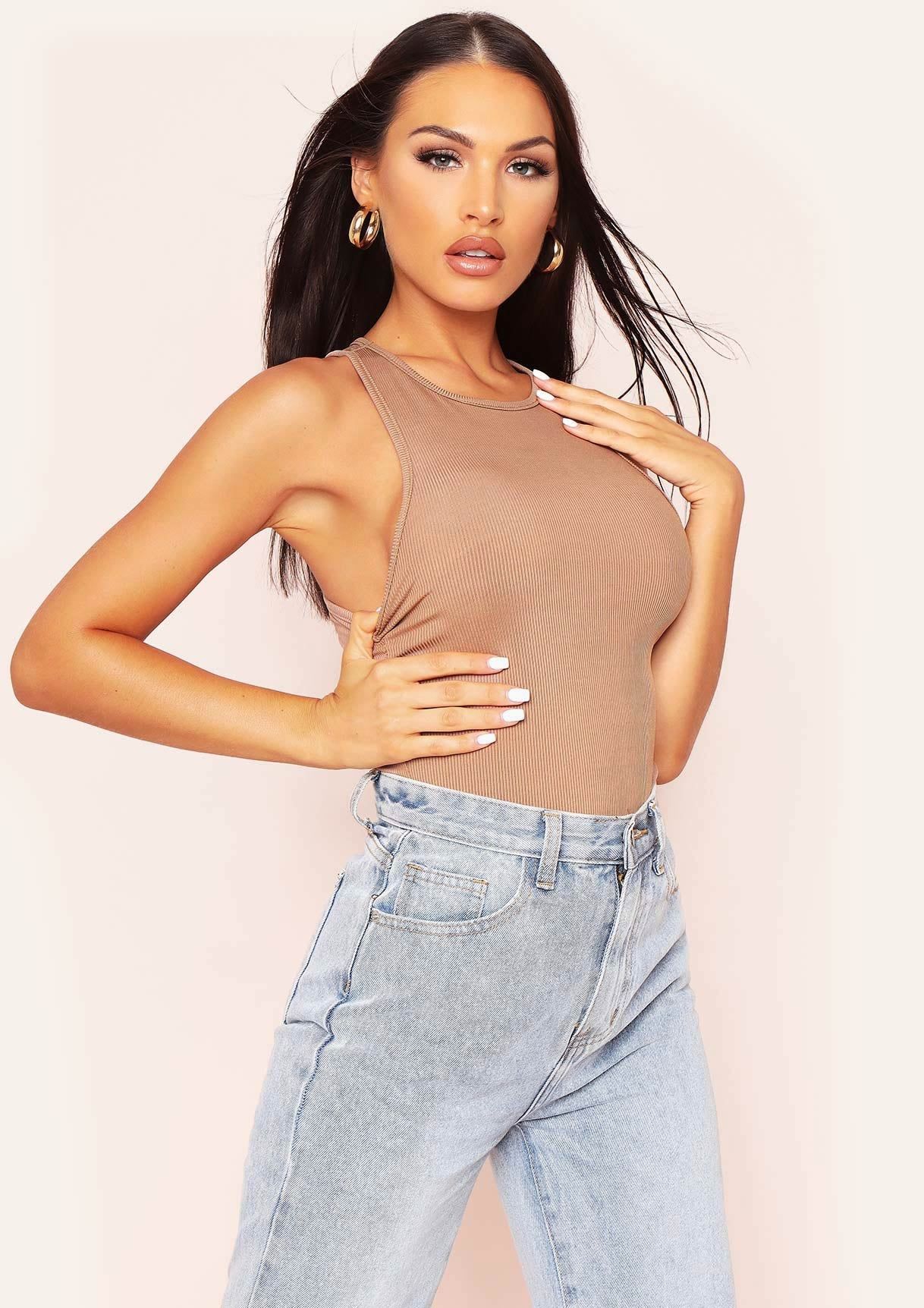 Klara Mocha Crew Neck Ribbed Racer Bodysuit sold by Missy Empire