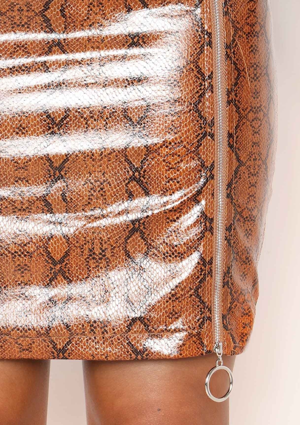 Tameka Brown Snake Print Zip Mini Skirt sold by Missy Empire product image thumbnail 4