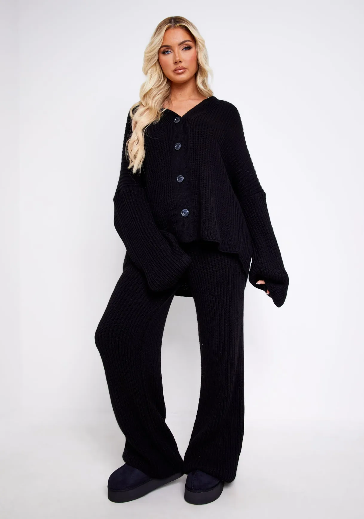 Chantelle Black Chunky Knit Cardigan & Trouser Co-Ord Set sold by Missy Empire product image thumbnail 2