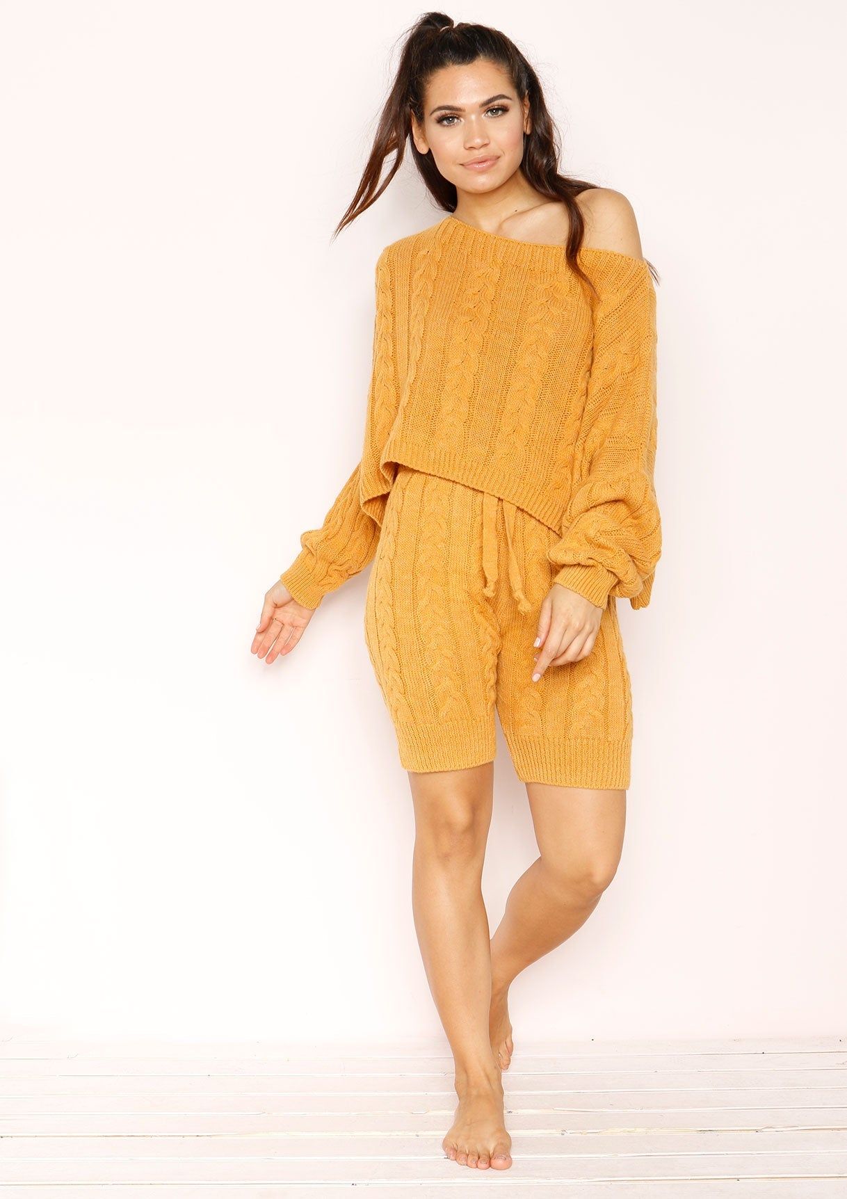 Abrianna Mustard Knit Shorts sold by Missy Empire