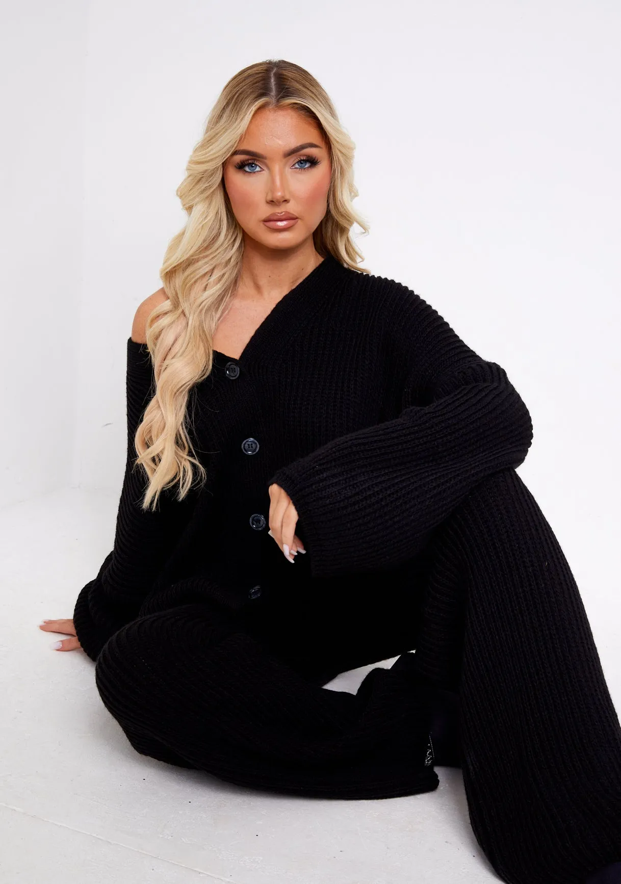 Chantelle Black Chunky Knit Cardigan & Trouser Co-Ord Set sold by Missy Empire