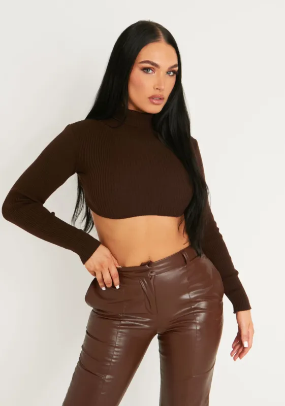Agnese Chocolate Super Crop Roll Neck Knitted Jumper sold by Missy Empire