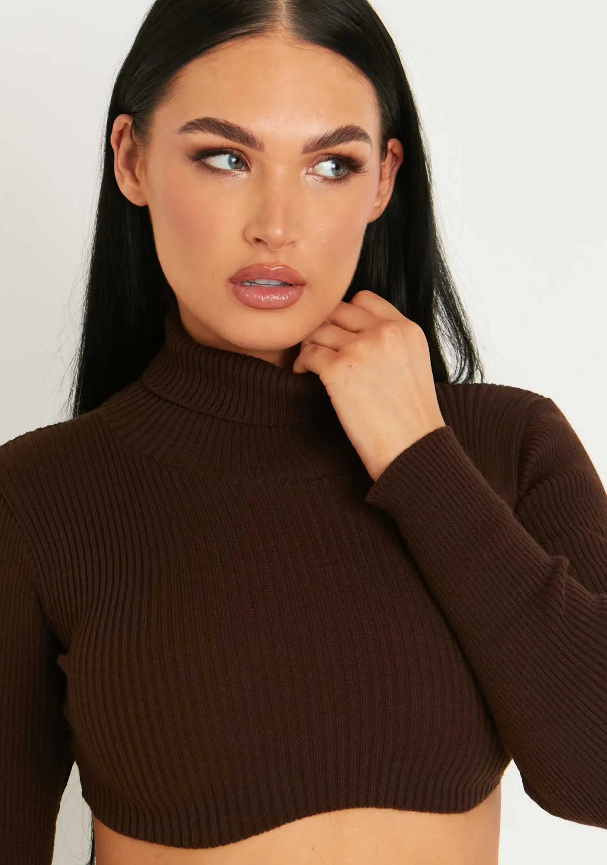 Agnese Chocolate Super Crop Roll Neck Knitted Jumper sold by Missy Empire product image thumbnail 2