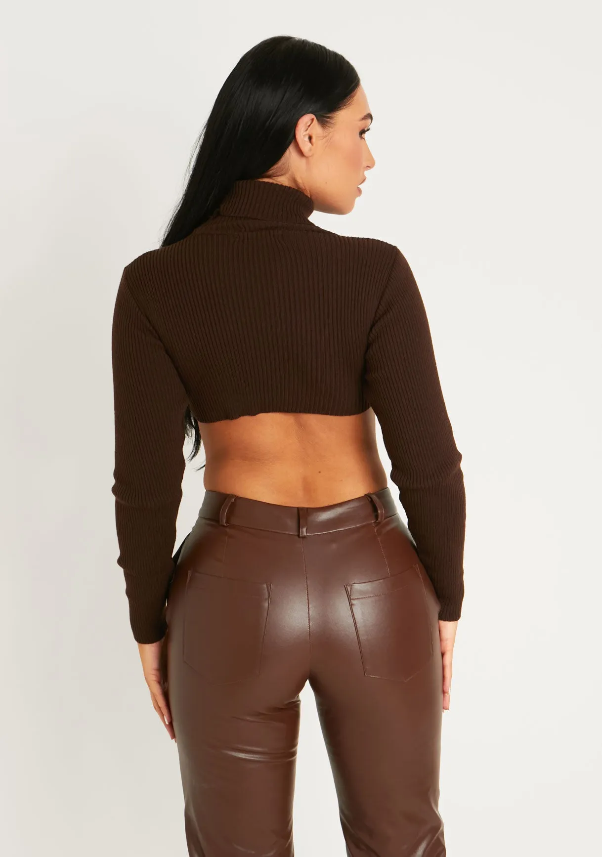 Agnese Chocolate Super Crop Roll Neck Knitted Jumper sold by Missy Empire product image thumbnail 3