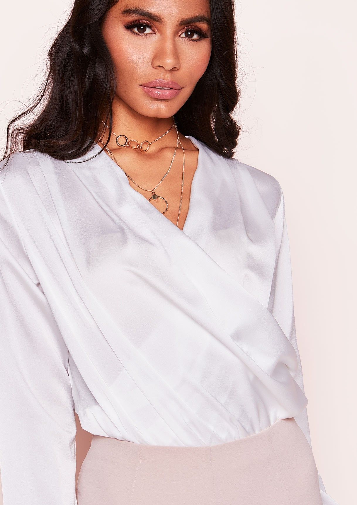 Monika White Satin Wrap Bodysuit sold by Missy Empire product image thumbnail 3