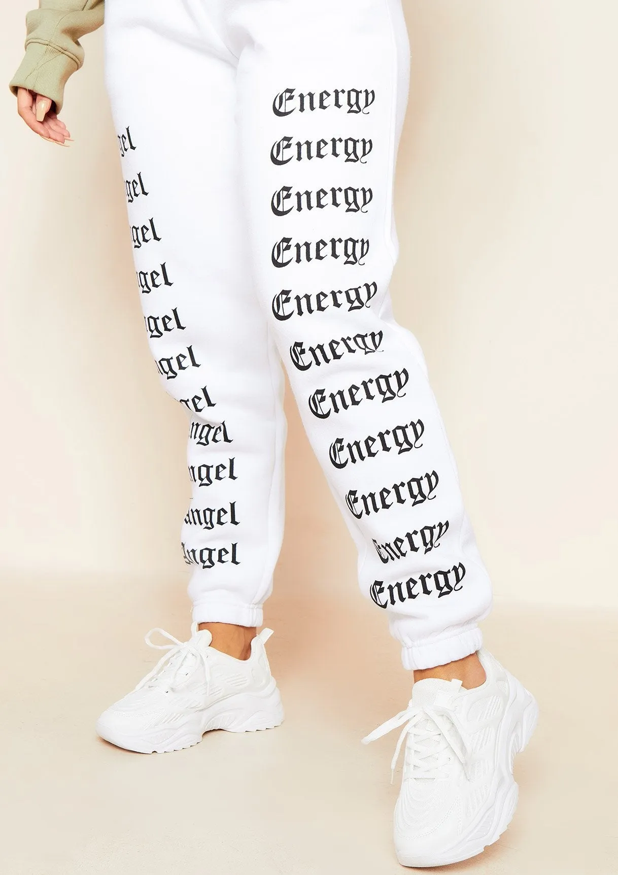Melila White and Black Angel Energy Slogan Joggers sold by Missy Empire