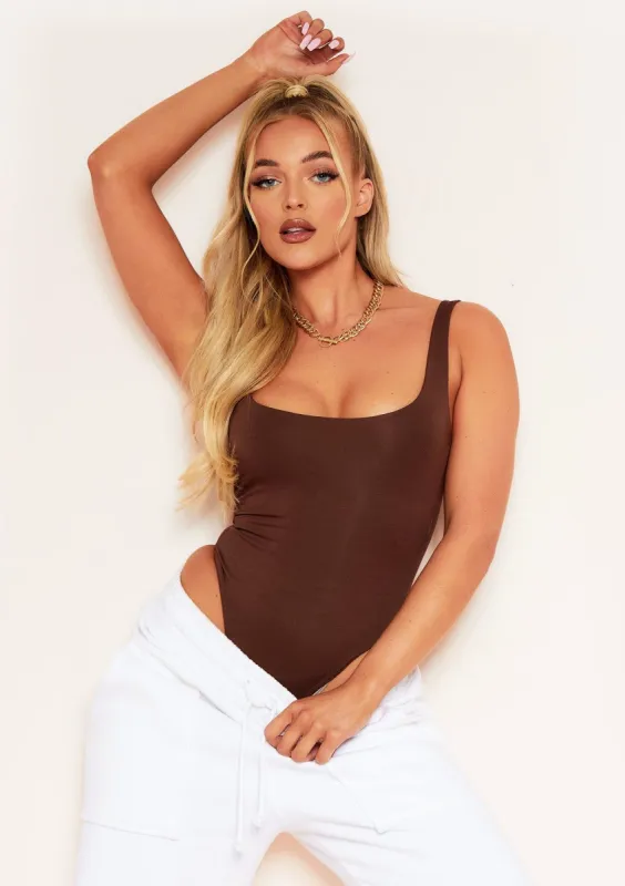 Allison Chocolate Double Thick Square Neck Vest Bodysuit sold by Missy Empire