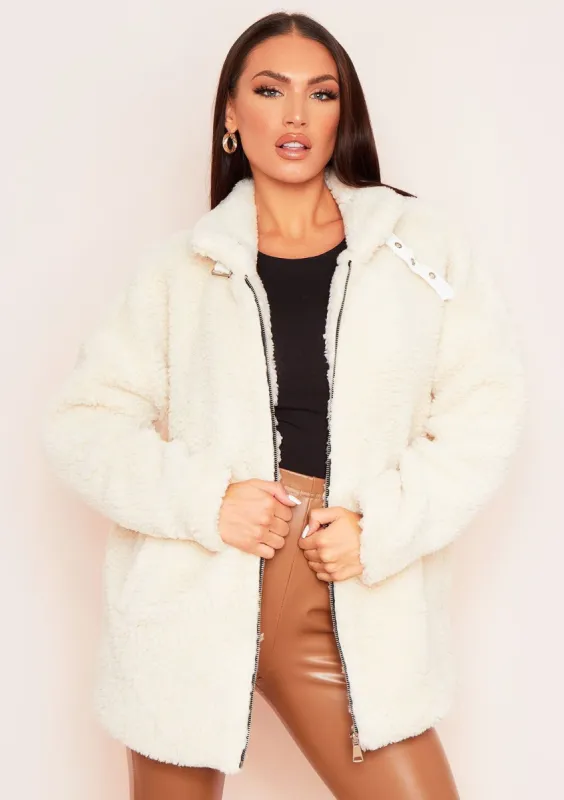 Elma Cream Borg Zip Up Oversized Coat sold by Missy Empire