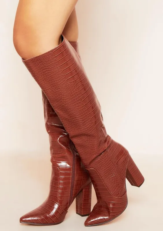 Millie Brown Knee High Croc Heeled Boots sold by Missy Empire