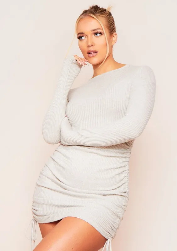 Lacey Beige Brushed Ribbed Ruched Side Mini Dress sold by Missy Empire