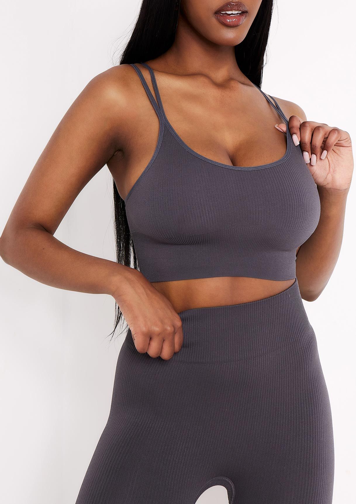 Kara Charcoal Seamless Ribbed Scoop Neck Double Strap Crop Top sold by Missy Empire product image thumbnail 2