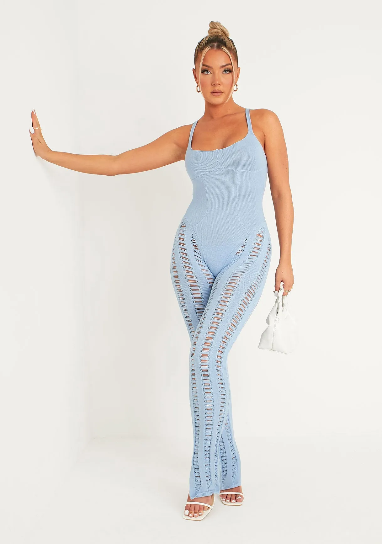 Eva Pastel Blue Laddered Knitted Seam Jumpsuit sold by Missy Empire product image thumbnail 4