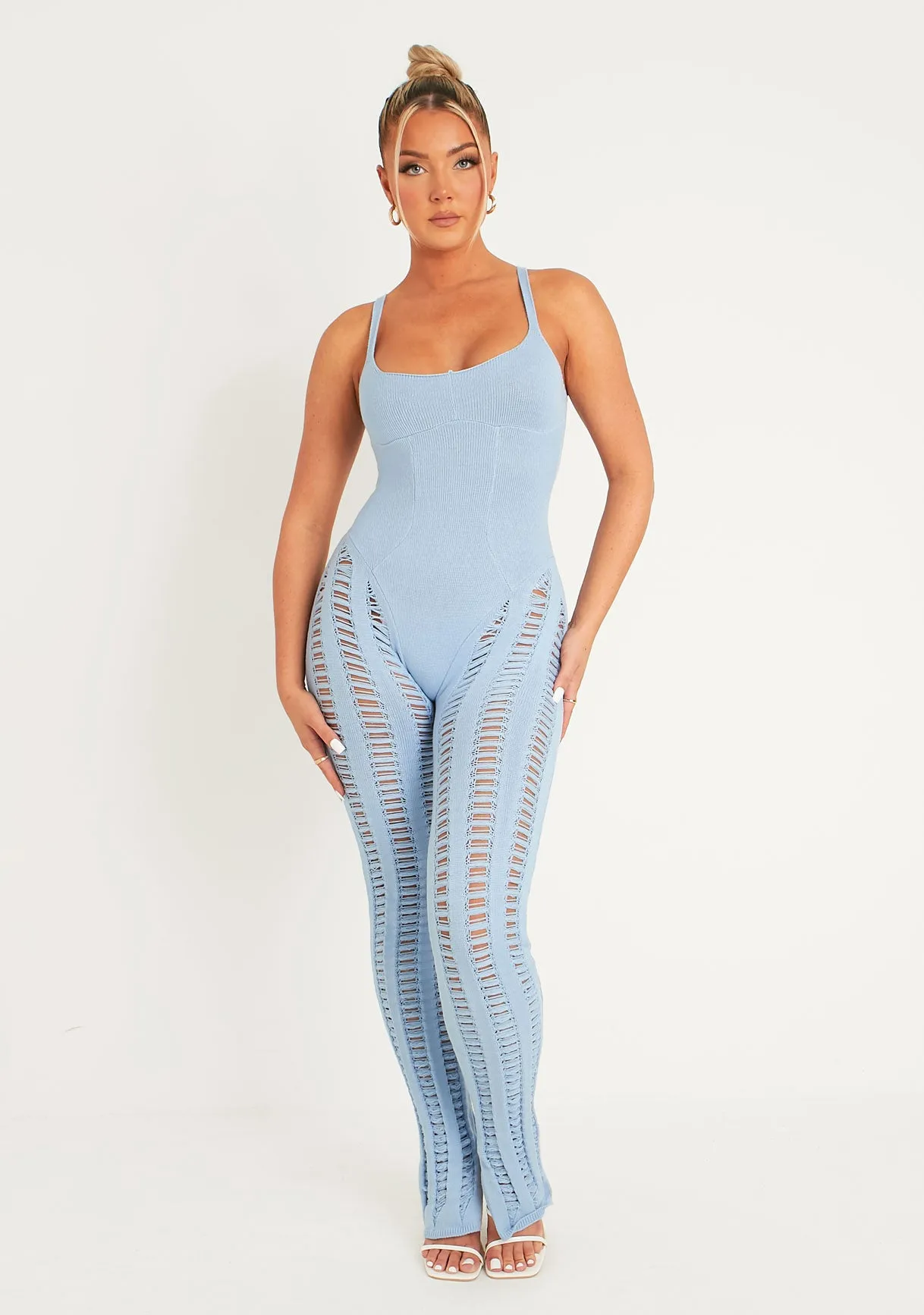 Eva Pastel Blue Laddered Knitted Seam Jumpsuit sold by Missy Empire