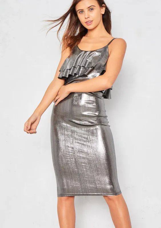 Narella Silver Metallic Frill Midi Dress made by Missy Empire