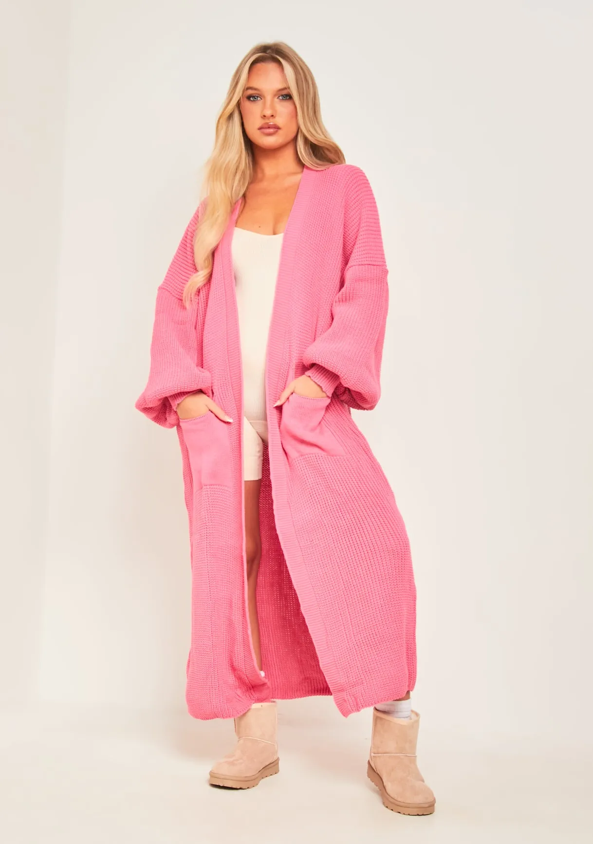 Nathalie Pink Balloon Sleeve Knitted Cardigan sold by Missy Empire product image thumbnail 2