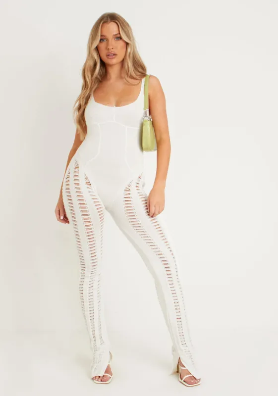 Eva Cream Laddered Knitted Seam Jumpsuit sold by Missy Empire
