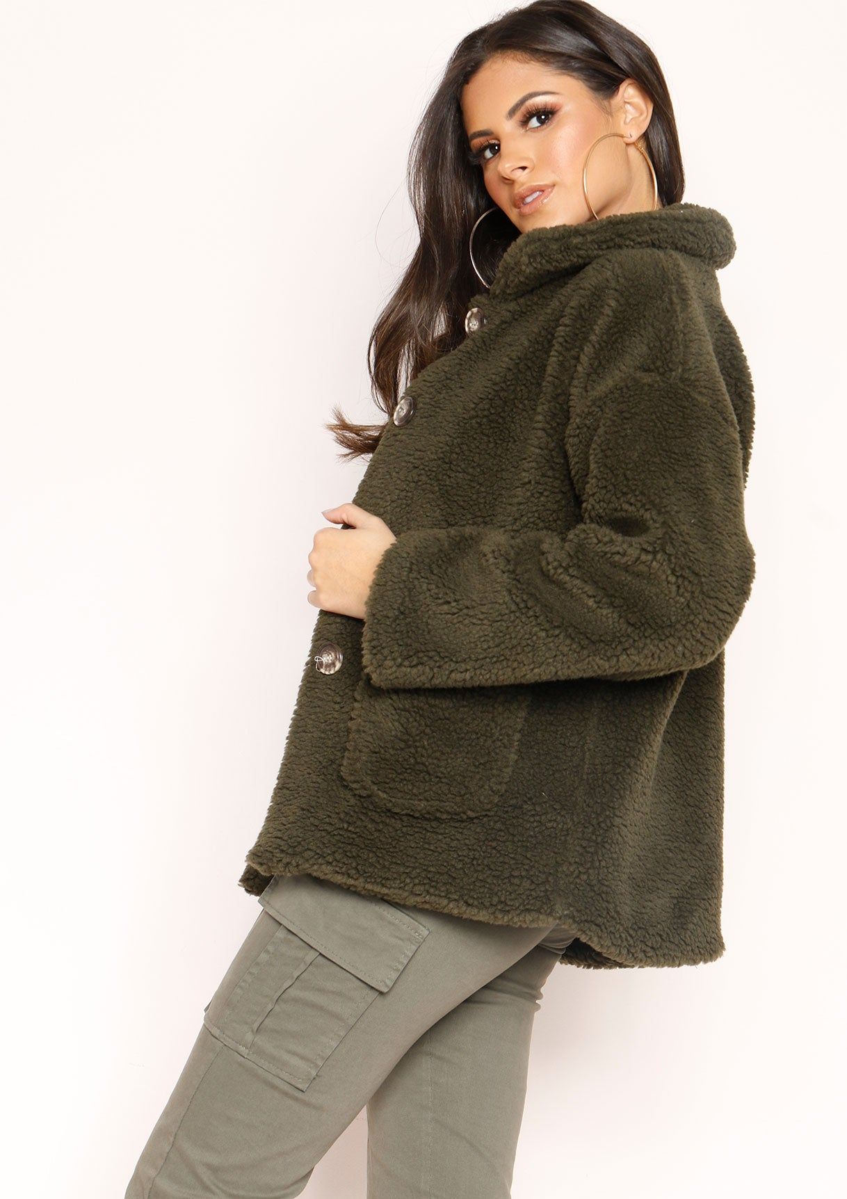 Krissy Khaki Button Up Teddy Coat sold by Missy Empire product image thumbnail 4