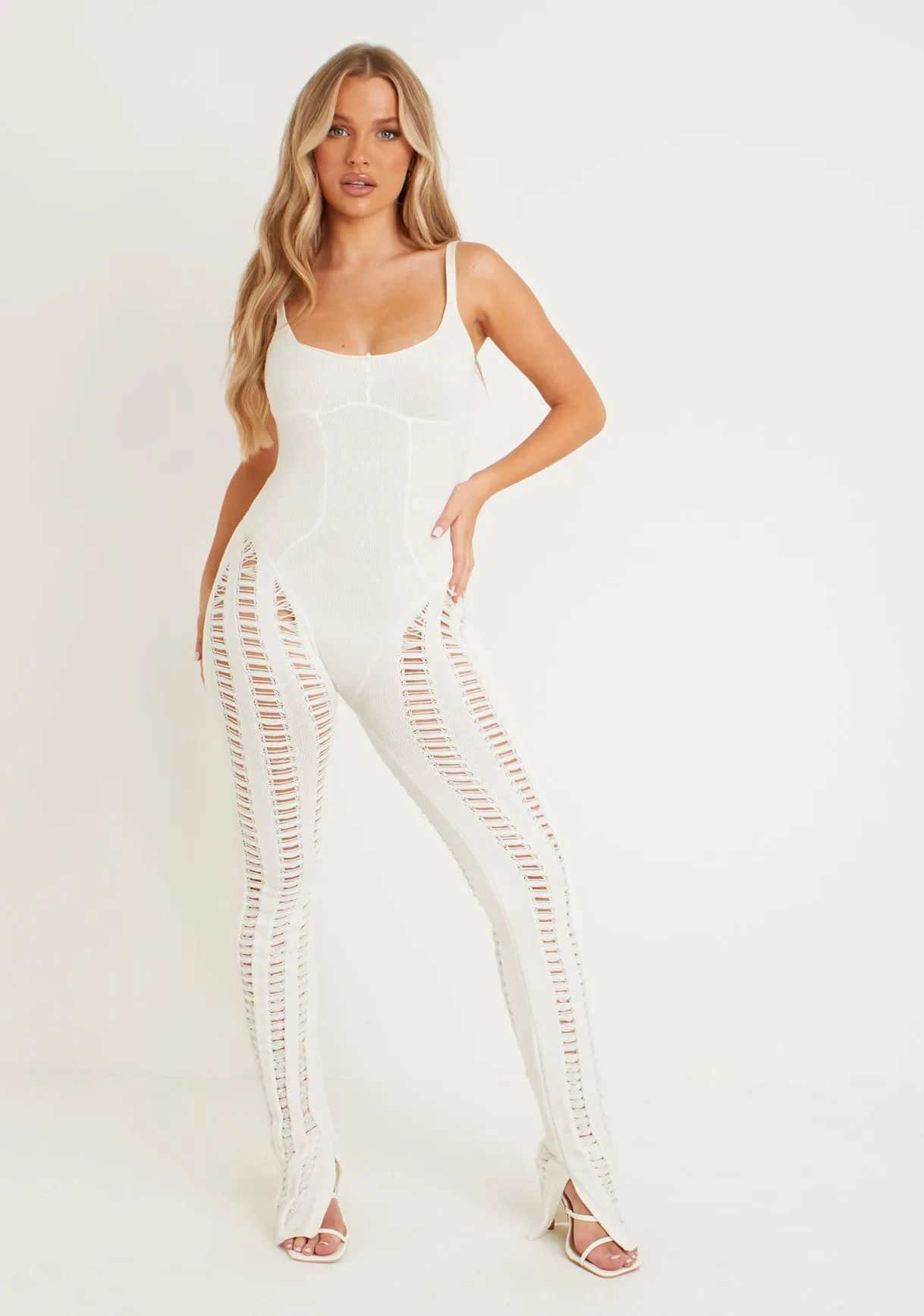 Eva Cream Laddered Knitted Seam Jumpsuit sold by Missy Empire product image thumbnail 4