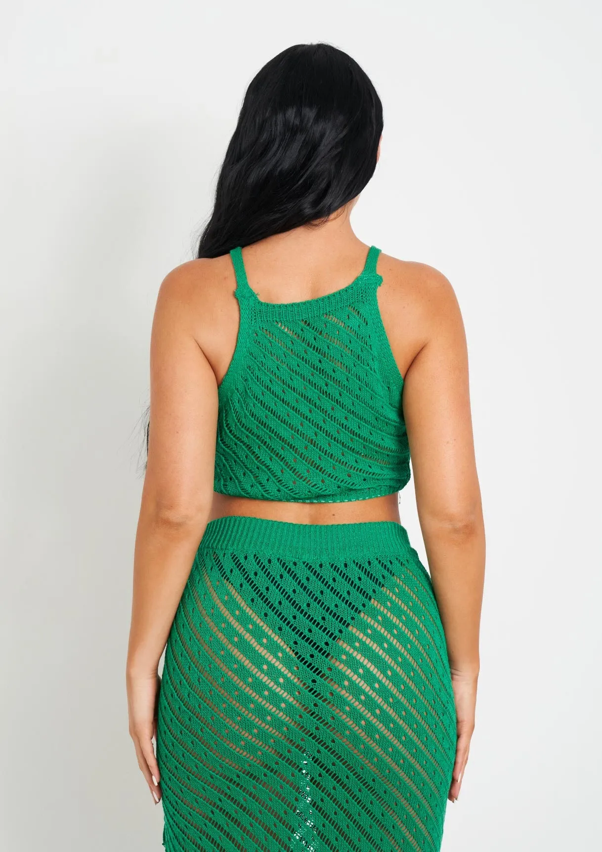 Saffiyah Green Crochet Knit Beach Crop Top And Midi Skirt Set sold by Missy Empire product image thumbnail 4