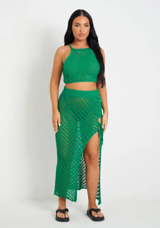 Saffiyah Green Crochet Knit Beach Crop Top And Midi Skirt Set sold by Missy Empire
