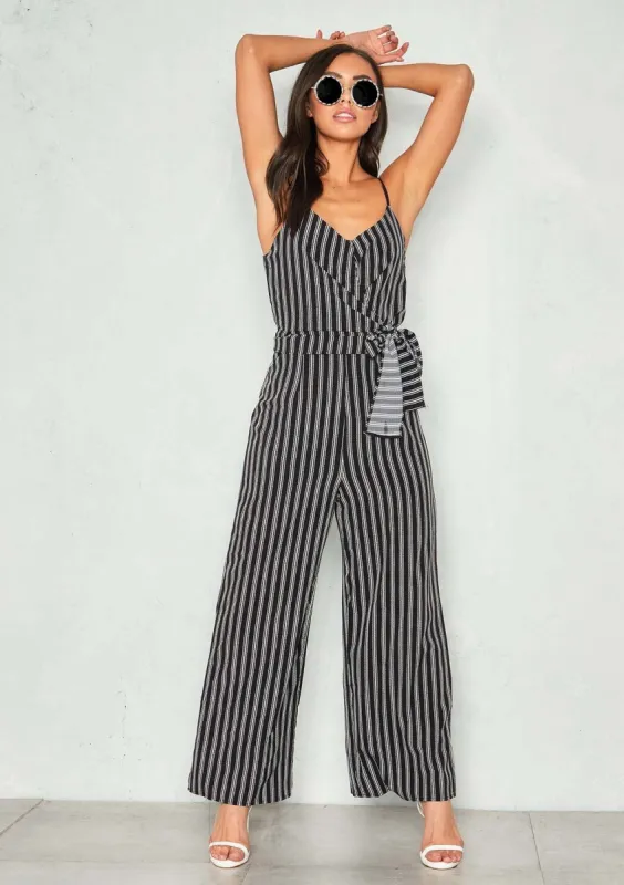 Anabelle Black Stripe Tie Waist Jumpsuit sold by Missy Empire
