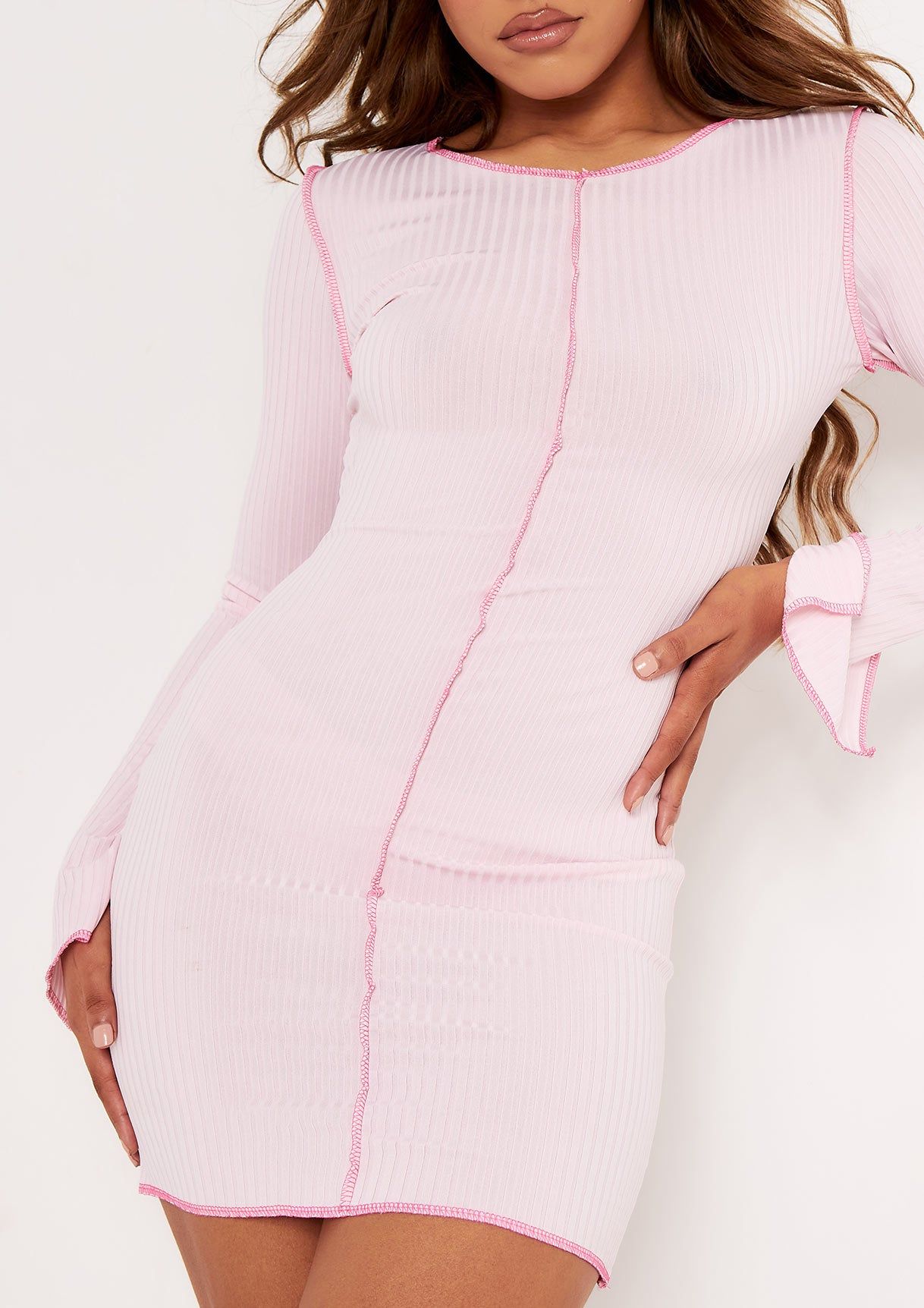 Kylie Pink Contrast Stitch Mini Dress sold by Missy Empire product image thumbnail 3