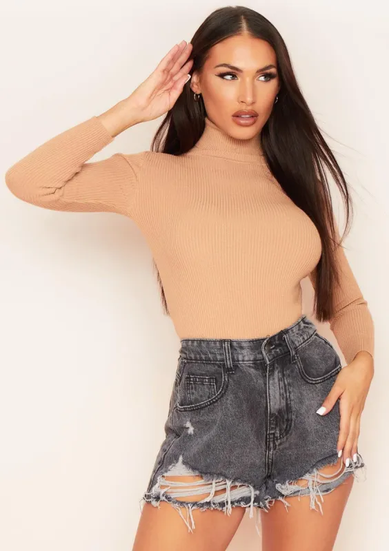 Jaley Beige Roll Neck Long Sleeve Top made by Missy Empire