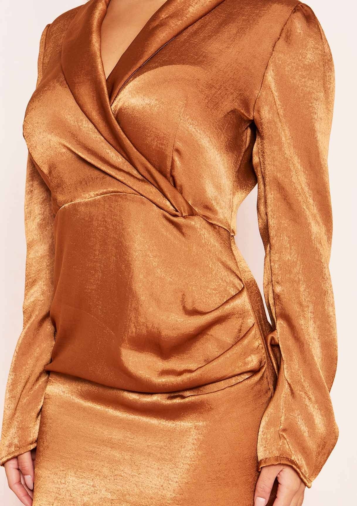 Izzy Brown Wrap Neckline Ruched Mini Dress sold by Missy Empire product image thumbnail 4
