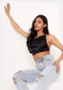 Lucy Black Satin Ruched Side Cross Strap Crop Top sold by Missy Empire
