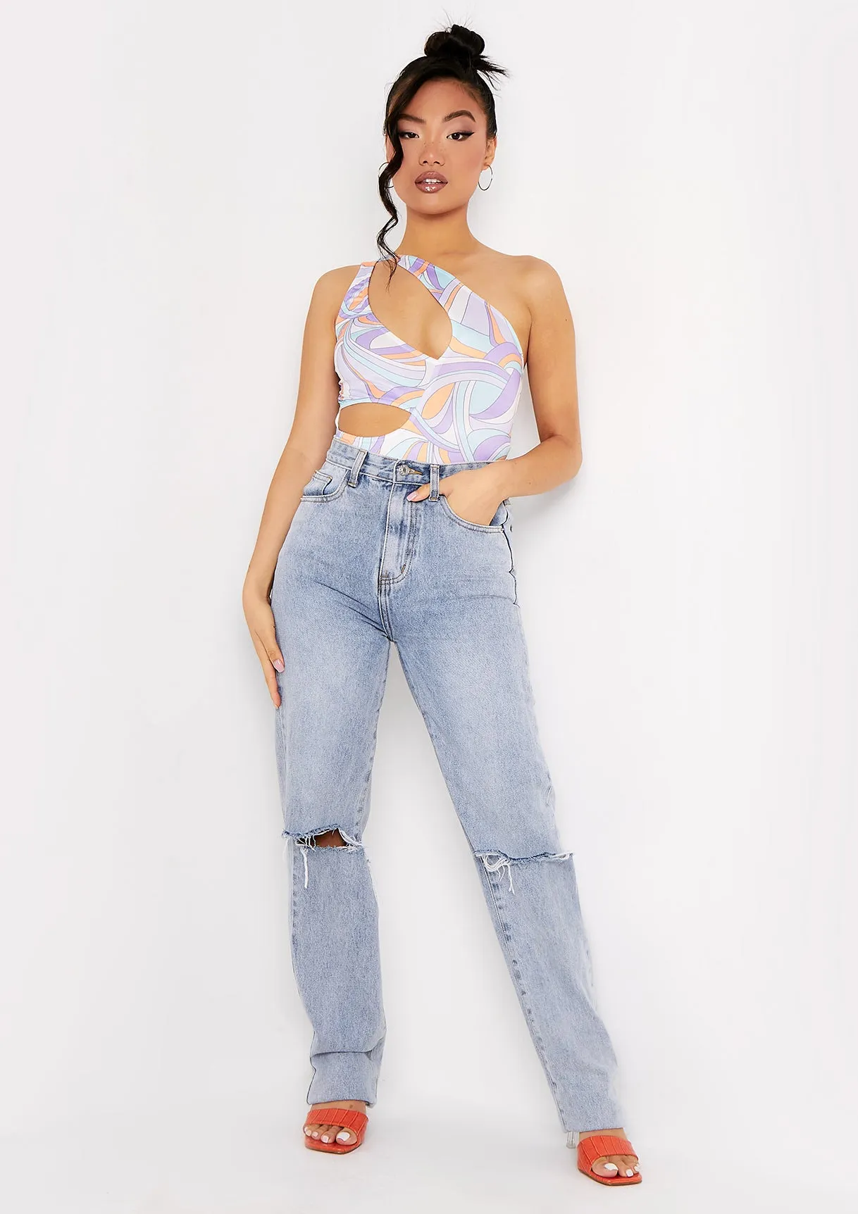 Jazmin Lilac Printed One Shoulder Cut Out Bodysuit sold by Missy Empire product image thumbnail 5