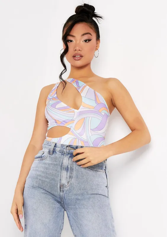 Jazmin Lilac Printed One Shoulder Cut Out Bodysuit sold by Missy Empire