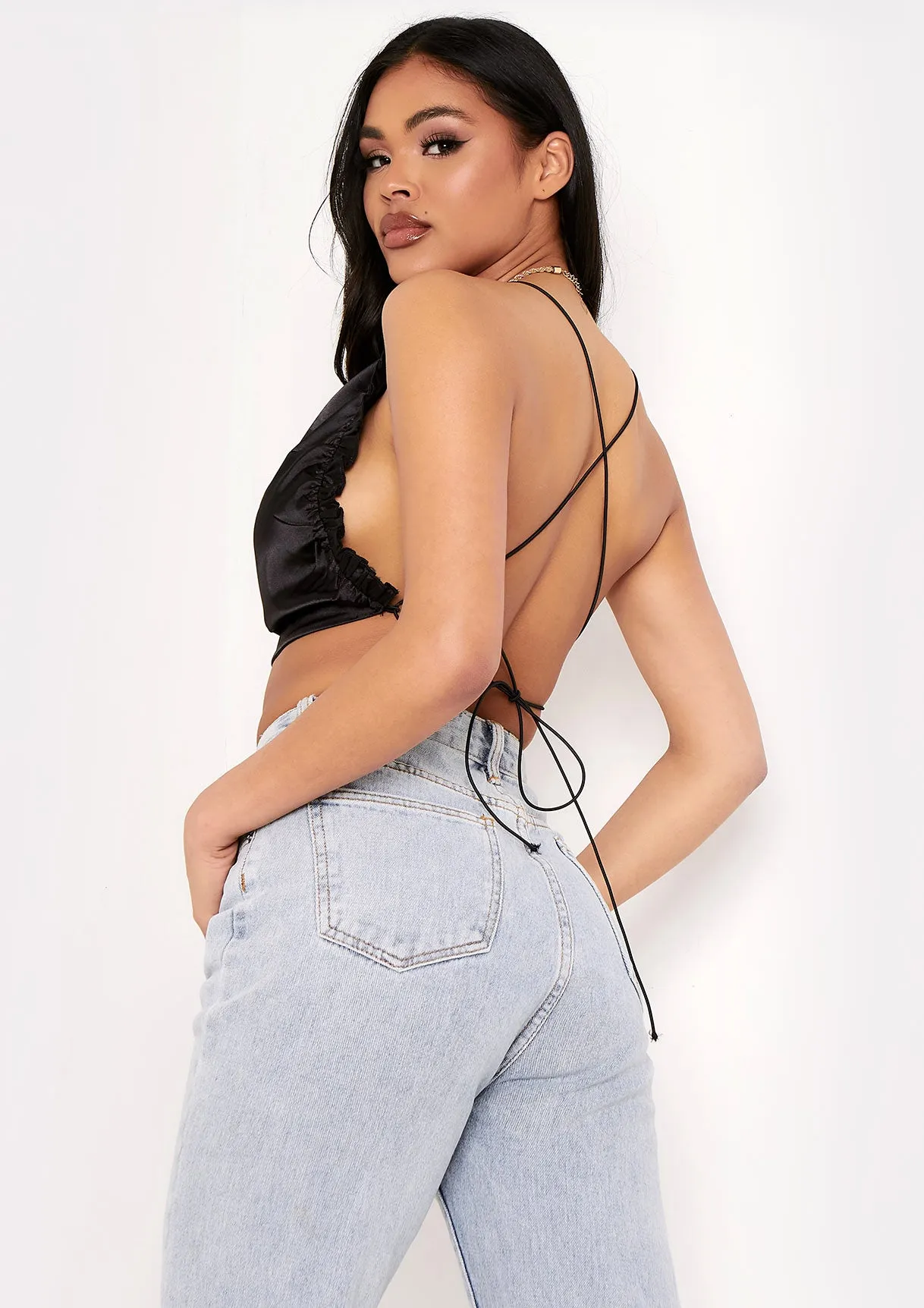 Lucy Black Satin Ruched Side Cross Strap Crop Top sold by Missy Empire product image thumbnail 2