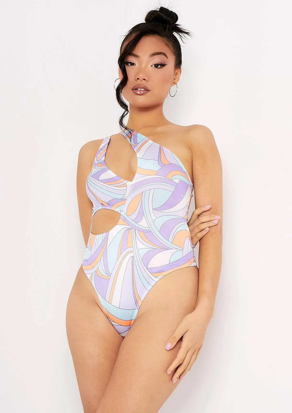 Jazmin Lilac Printed One Shoulder Cut Out Bodysuit sold by Missy Empire product image thumbnail 2