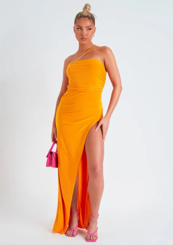 Saffy Orange Asymmetric Strap Maxi Dress With Split made by Missy Empire