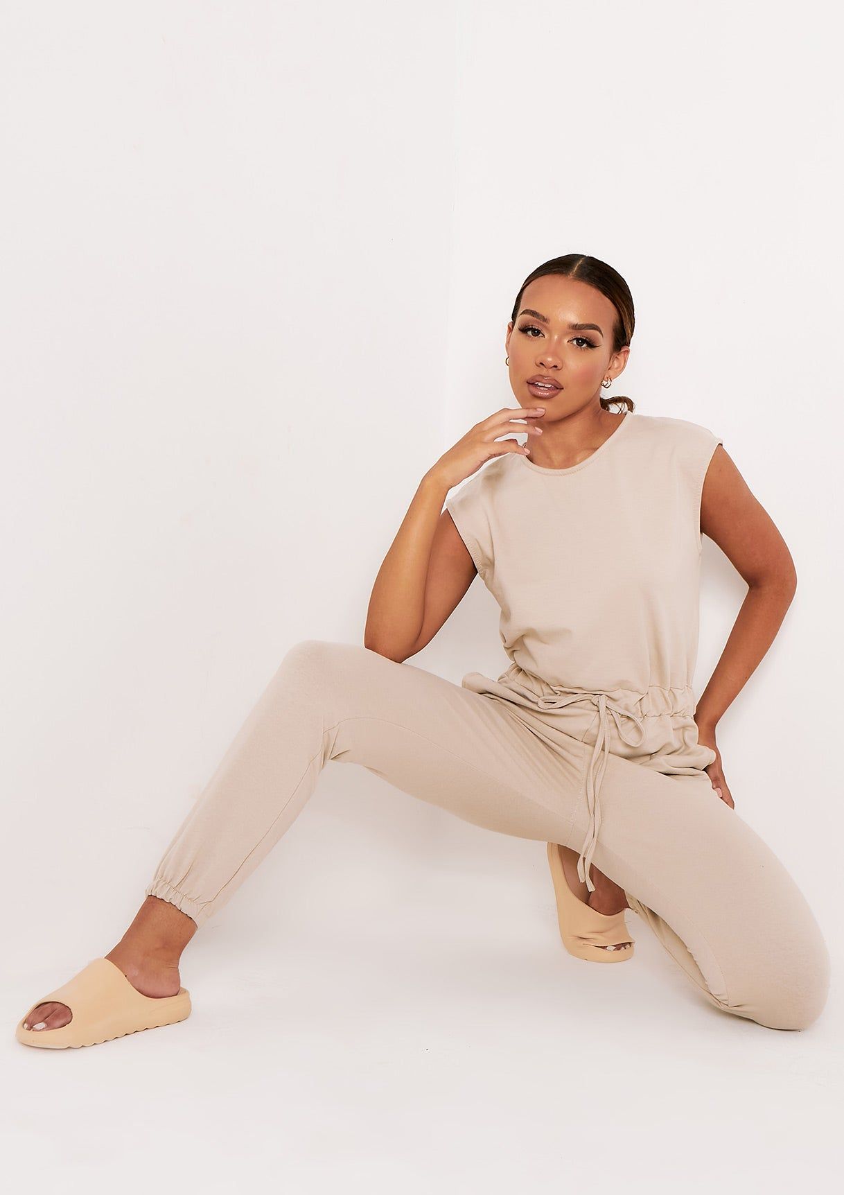 Abbi Beige Sleeveless Cinched Waist Jumpsuit sold by Missy Empire product image thumbnail 4