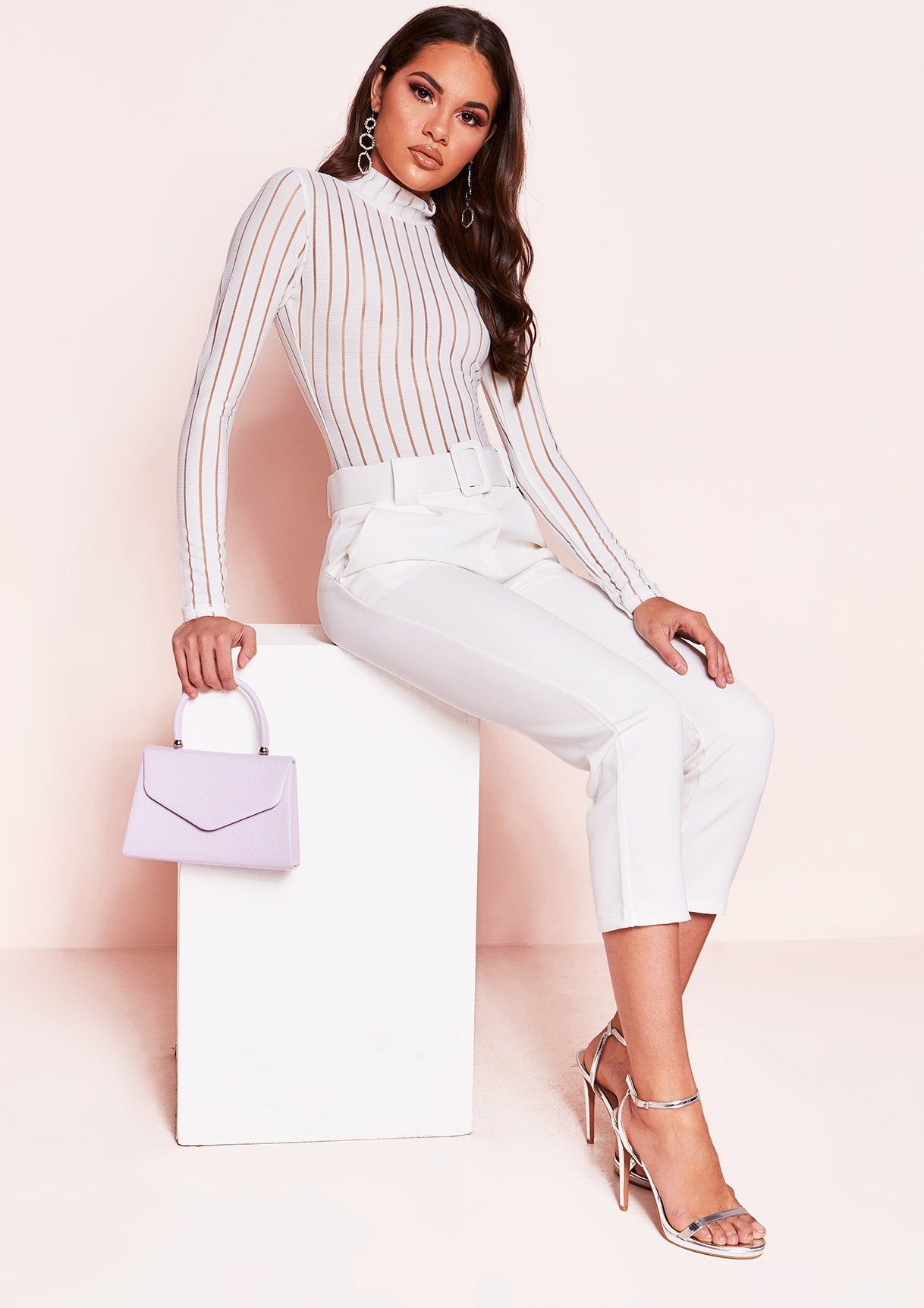 Alina White Ribbed Mesh High Neck Bodysuit sold by Missy Empire