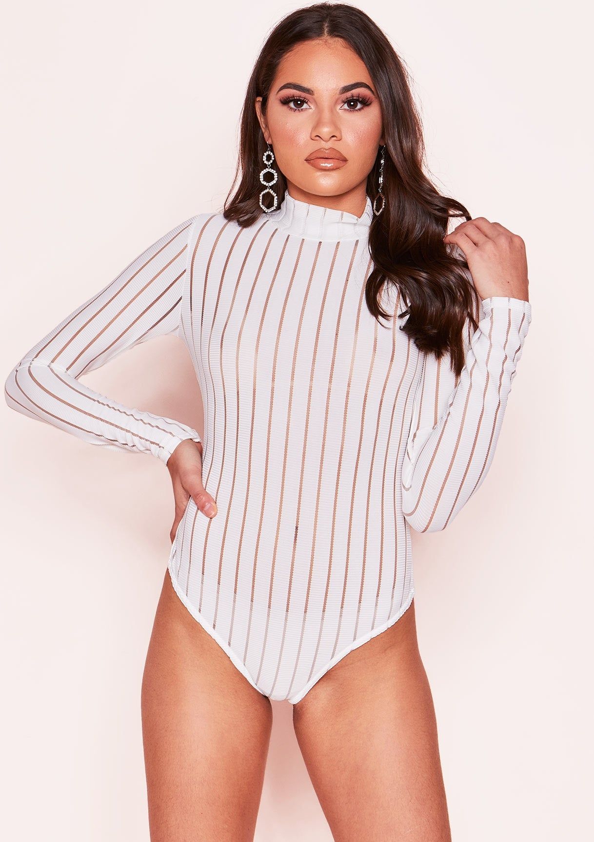 Alina White Ribbed Mesh High Neck Bodysuit sold by Missy Empire product image thumbnail 2