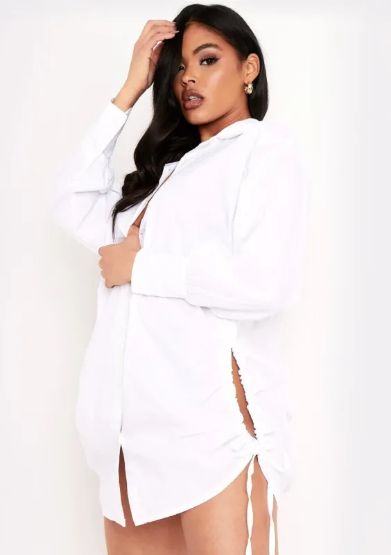 Shelby White Ruched Side Shirt Dress sold by Missy Empire