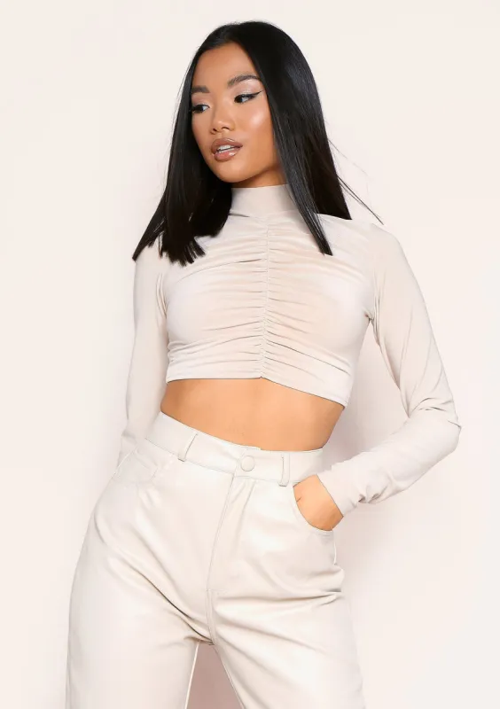 Siana Champagne Ruched Front Long Sleeve Crop Top sold by Missy Empire